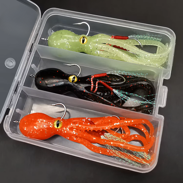 Kit 3 Iscas Artificiais de Lula Brilhante – Soft Lures com Chumbo Interno e Anzóis Reforçados